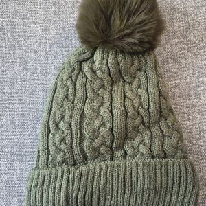 Green Cable Knit Beanie with Pom Pom